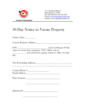 30 Day Notice to Vacate Property