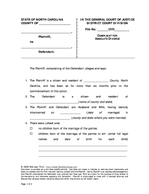 North Carolina Absolute Divorce Complaint