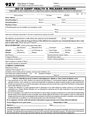 92nd Street Y Camp Health and Release Record