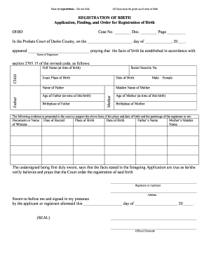 Ohio Birth Registration Application