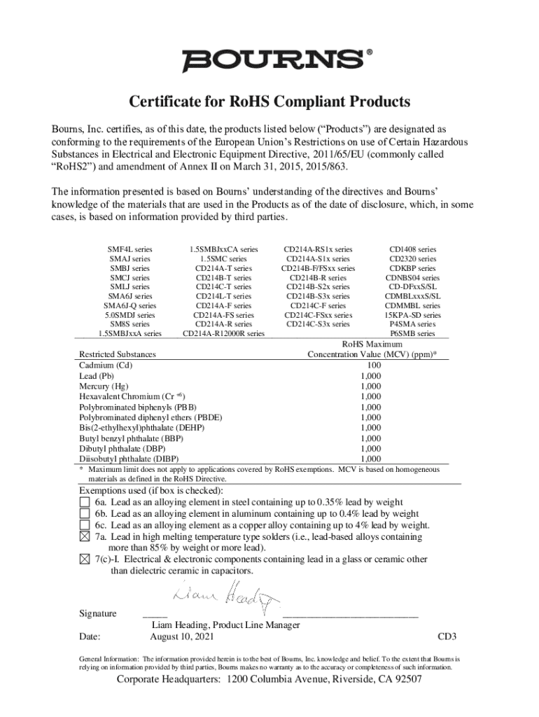 Fillable Online Certificate of RoHS Compliance Diodes. Bourns Diodes