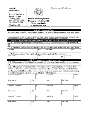 Texas Non-Profit Articles of Incorporation Form 202
