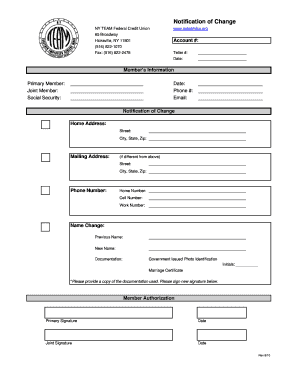 NY TEAM Federal Credit Union Member Change Notification