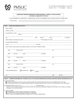 Corporation Partnership Professional Liability Application