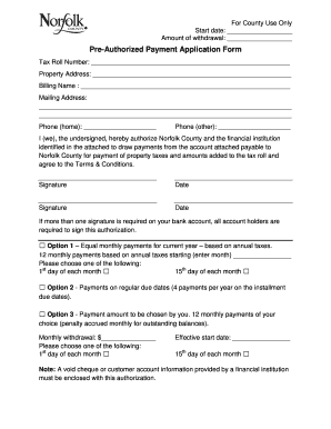 Norfolk County Pre-Authorized Tax Payment Application