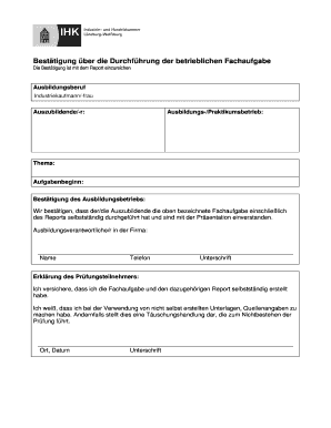 Bestätigung über die Durchführung der betrieblichen Fachaufgabe