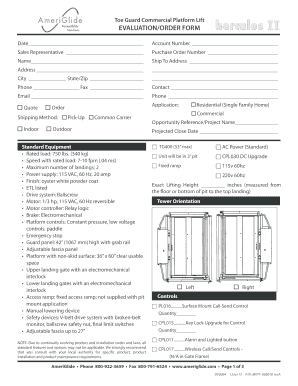 Toe Guard Commercial Platform Lift Evaluation Order Form