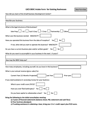 LSCS SBDC Intake Form for Existing Businesses