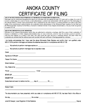 Minnesota Marriage Officiant Certificate of Filing