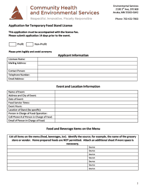 Application for Temporary Food Stand License
