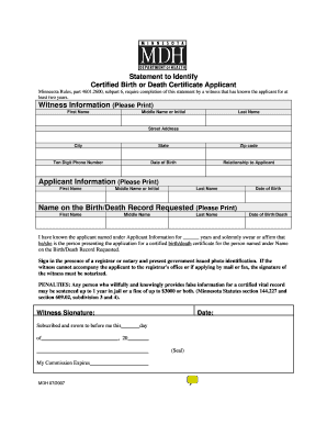 Minnesota Certified Birth or Death Certificate Witness Statement