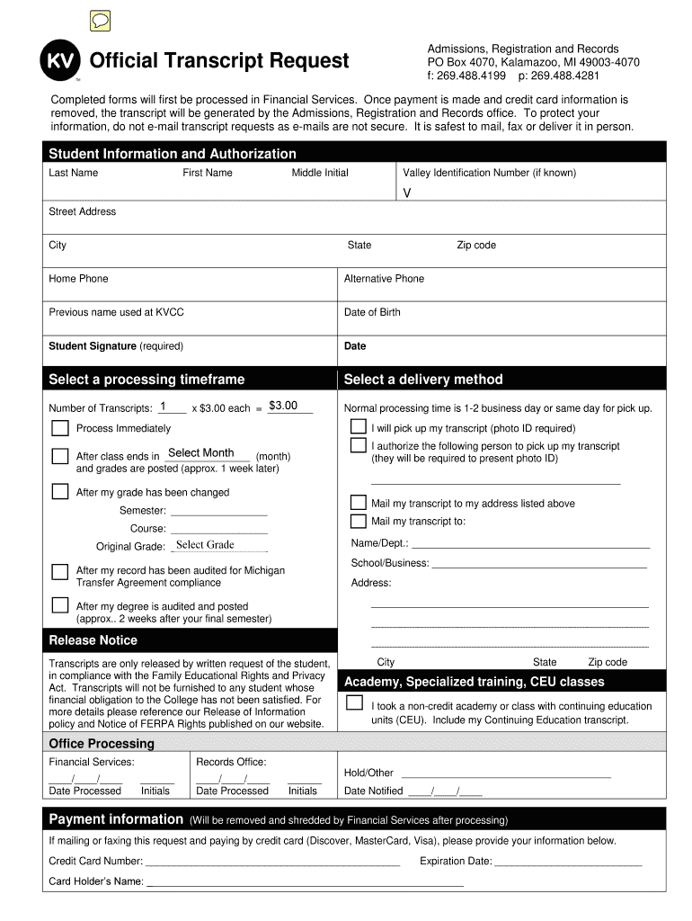 kalamazoo valley community college transcript request Preview on Page 1