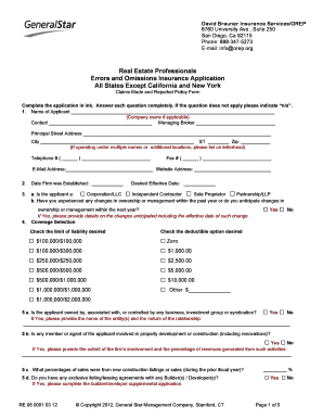 Real Estate Errors and Omissions Insurance Application