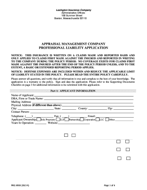Professional Liability Application for Appraisal Management Company