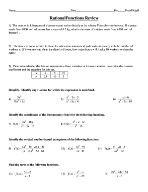 Rational Functions Review Worksheet