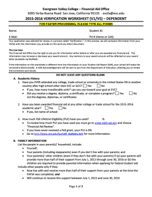 2015-2016 Verification Worksheet - Dependent