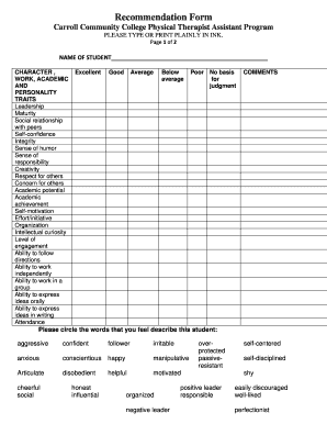 Recommendation Form for Physical Therapist Assistant Program