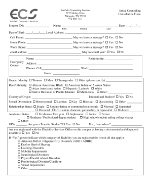 Eastfield Counseling Services Initial Counseling Form