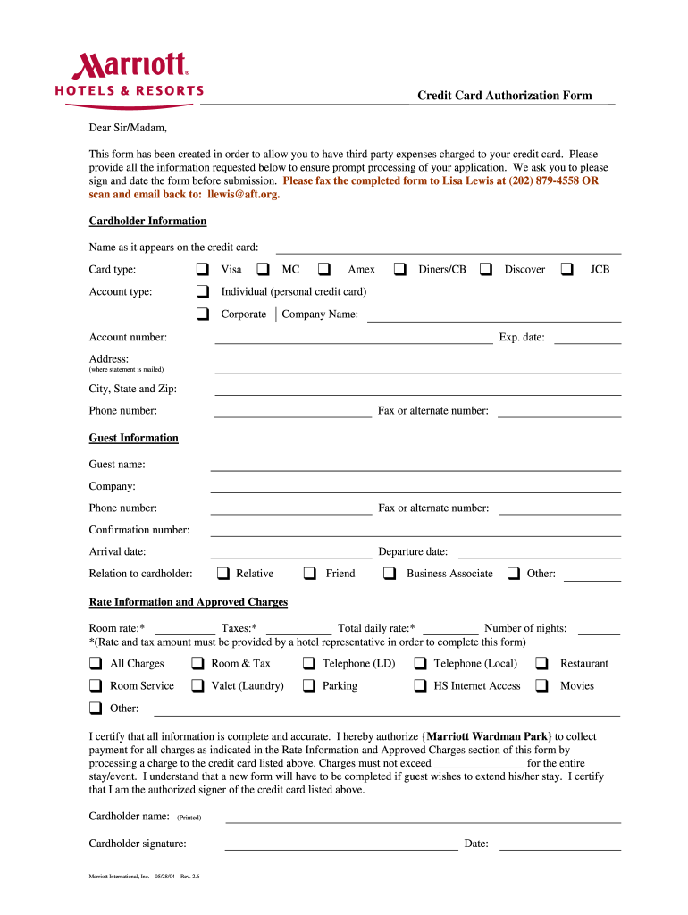 Credit Card Authorization Form Marriott AFT Aft Fill Out Sign 