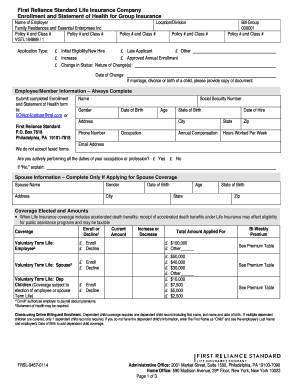 First Reliance Standard Life Insurance Enrollment Form