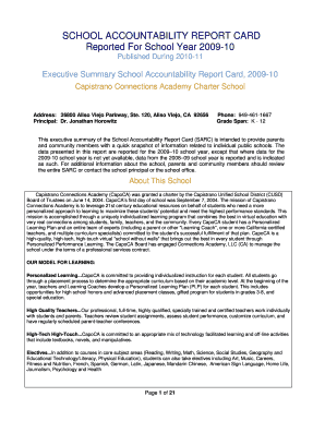 SCHOOL ACCOUNTABILITY REPORT CARD Reported For School Year 200910 Published During 201011 Executive Summary School Accountability Report Card, 200910 Capistrano Connections Academy Charter School Address: 26800 Aliso Viejo Parkway, Ste