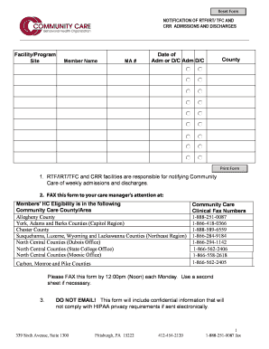 RTF/IRT/TFC and CRR Admission and Discharge Notification Form
