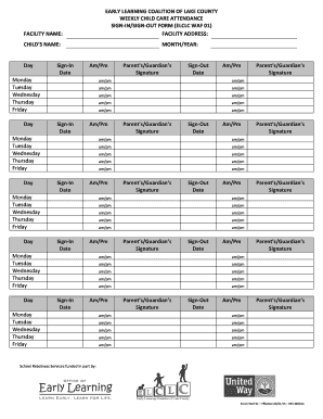 Early Learning Coalition Child Care Attendance Form