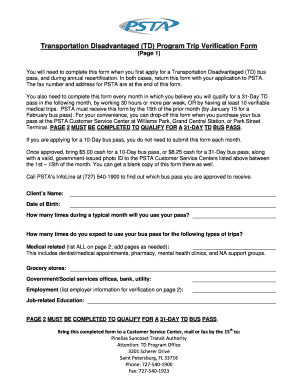 Transportation Disadvantaged Program Trip Verification Form