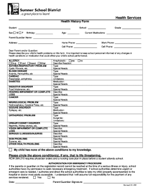 Health History Form for School