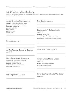 Unit One Vocabulary Worksheet