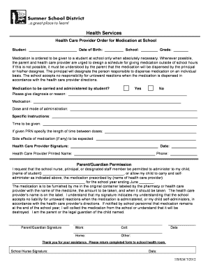 Health Care Provider Order for Medication at School