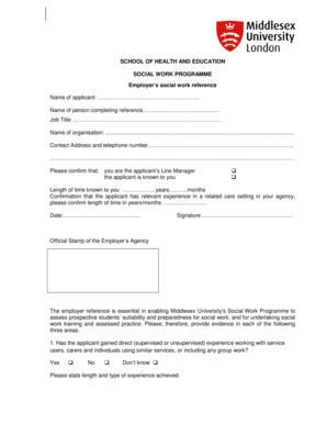 Social Work Employer Reference Form