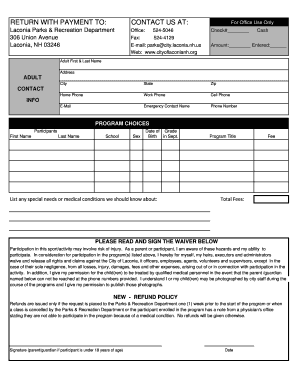 Laconia Parks Recreation Program Registration Form