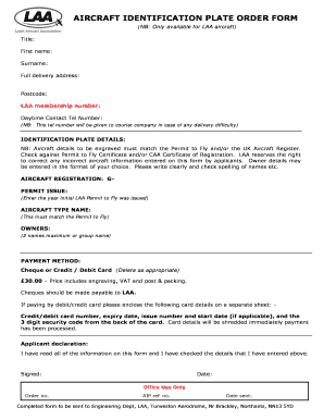 Aircraft Identification Plate Order Form