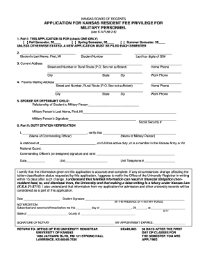 Kansas Resident Fee Privilege Application for Military Personnel