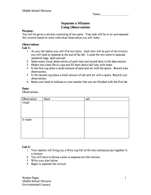 Middle School Mixtures Lab Worksheet