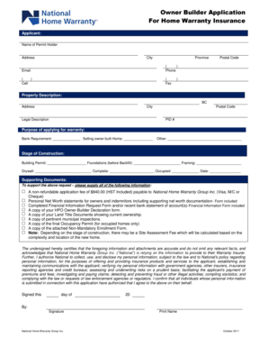 Owner Builder Application for Home Warranty Insurance