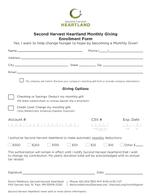 Second Harvest Heartland Monthly Giving Enrollment Form