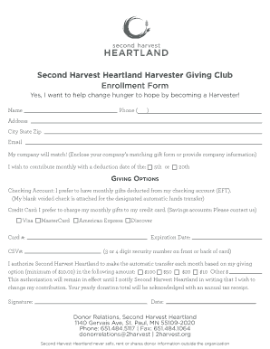 Second Harvest Heartland Donation Enrollment Form