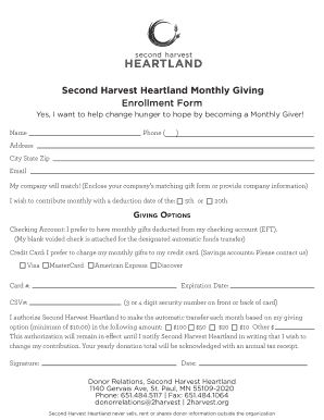 Second Harvest Heartland Monthly Giving Enrollment Form