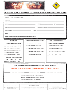2015 Cub Scout Summer Camp Program Reservation Form