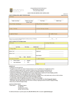 Aplicación de Certificación de Defunción por Correo de Puerto Rico