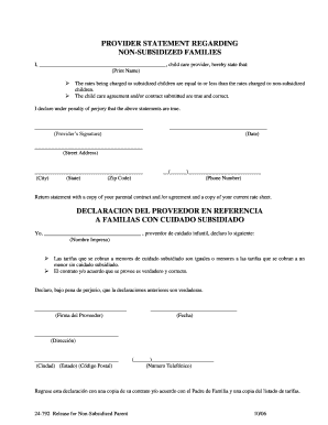 Child Care Provider Statement for Non-Subsidized Families