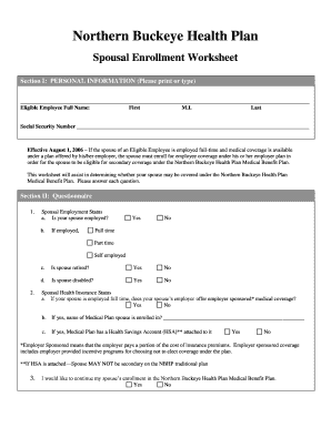 Northern Buckeye Health Plan Spousal Enrollment Worksheet