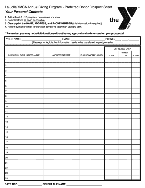 YMCA Donor Prospect Sheet