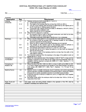 Vertical Reciprocating Lift Inspection Checklist