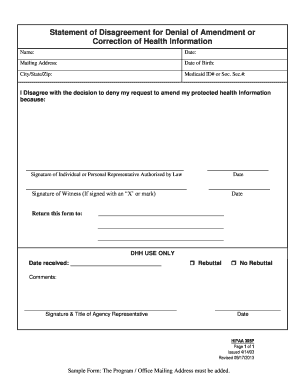 Statement of Disagreement for Denial of Amendment or Correction of Health Information