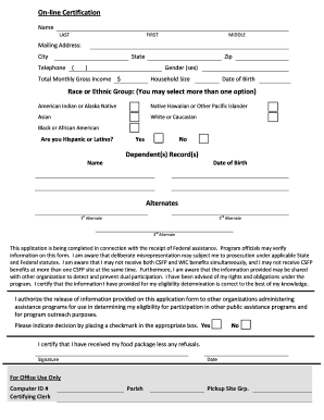 US Federal Food Assistance Certification Form