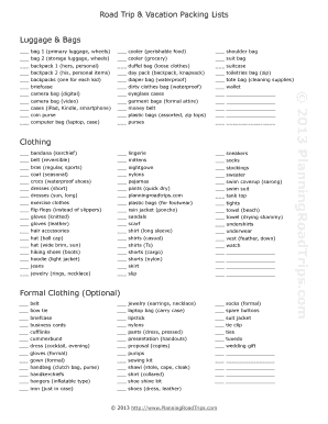 Road Trip and Vacation Packing List