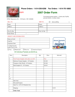 Tomatobob.com 2007 Order Form